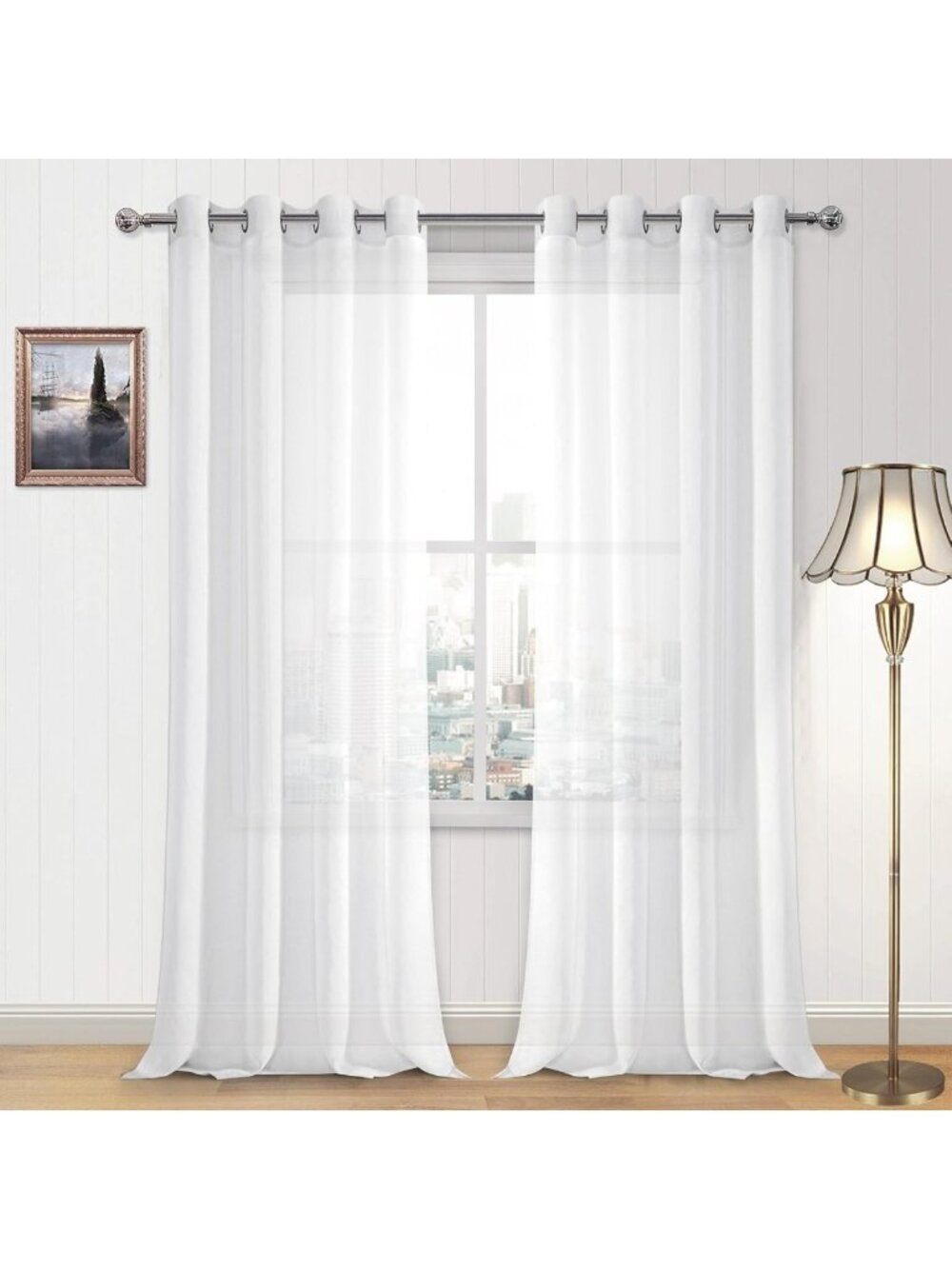 Sheer White Grommet Curtains, Faux Linen Look, Semi-Sheer Drapes for Bedroom